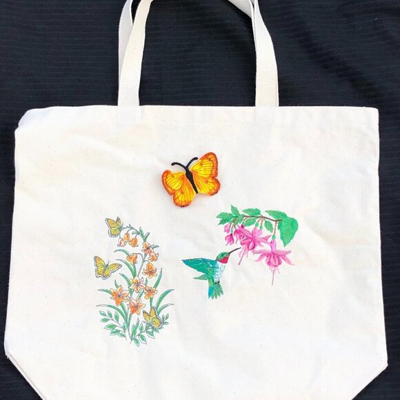 Orners Creations Handbags - Natural Open Top Canvas Tote Bag With 2 Large Pockets Featuring 3D Hummingbirds